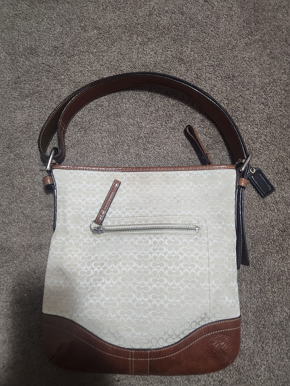 Cream and Brown Leather-Trim Shoulder Bag
